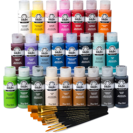 FolkArt 99445 24 Bottle Acrylic Craft Paint Set with 10 Pack of Brushes, 2oz, Colors May Vary