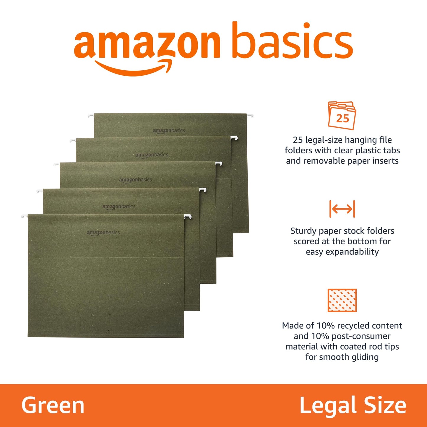 Amazon Basics Hanging Organizer File Folder, Legal Size, 8.5 x 14 inch, Pack of 25, Green
