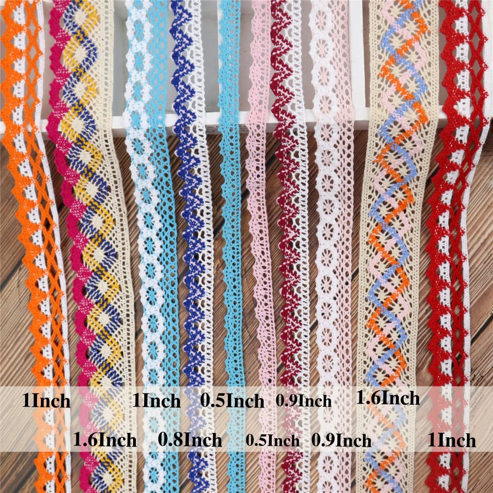 Cotton Lace Ribbon, Colored Lace Trim for Sewing, Eyelet Lace Ribbon Trim for Dream Catcher, Scrapbooking Supplies, 20 Yards (Colorful)