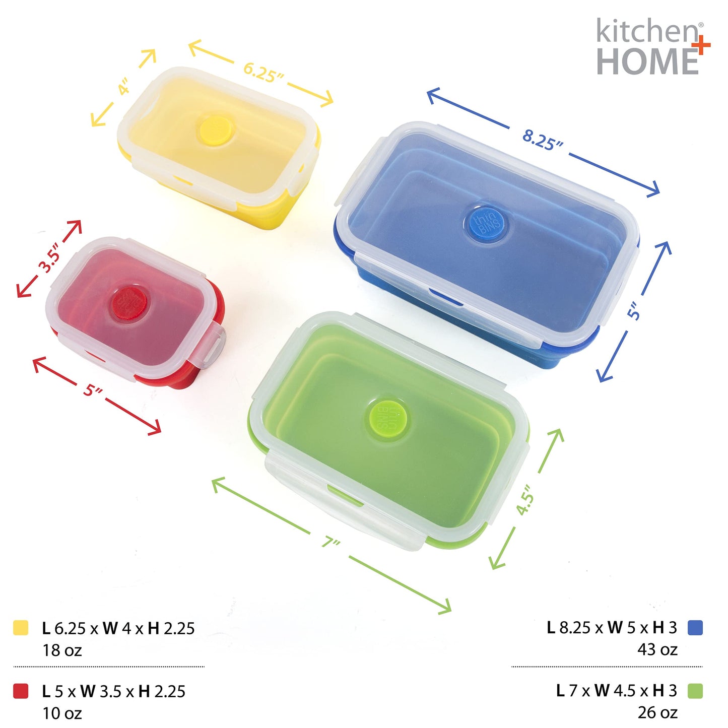 Kitchen Home Thin Bins Collapsible Containers – Set of 4 Rectangle Silicone Food Storage Containers – BPA Free, Microwave, Dishwasher and Freezer Safe