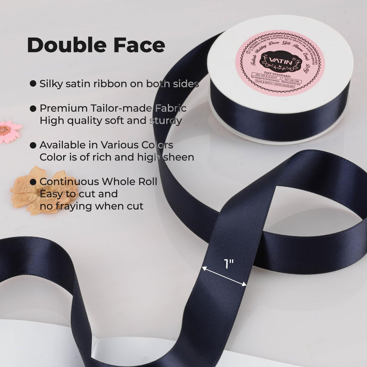 VATIN 1 inch Double Faced Polyester Satin Ribbon Deep Navy -Continuous 25 Yard Spool, Perfect for Wedding, Wreath, Baby Shower,Packing and Other Projects.