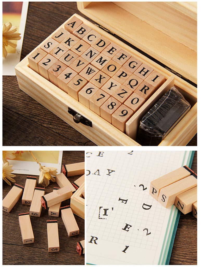 Alphabet Stamps Set,Vintage Wooden Rubber A-Z Letters and Numbers Diary Stamp Kit for Children DIY Scrapbooking Planner Card Making(36pcs)