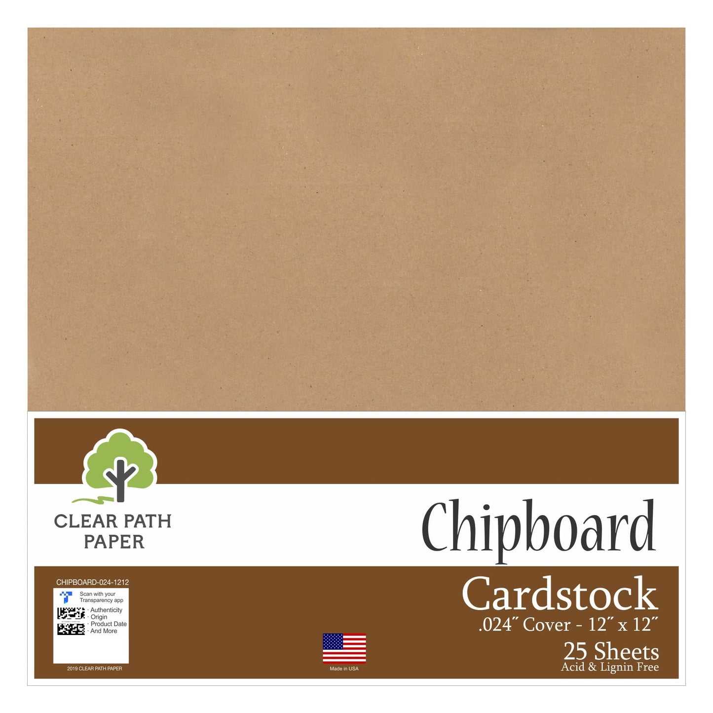 Chipboard - 12 x 12 inch - .024" Thick - 25 Sheets - Clear Path Paper