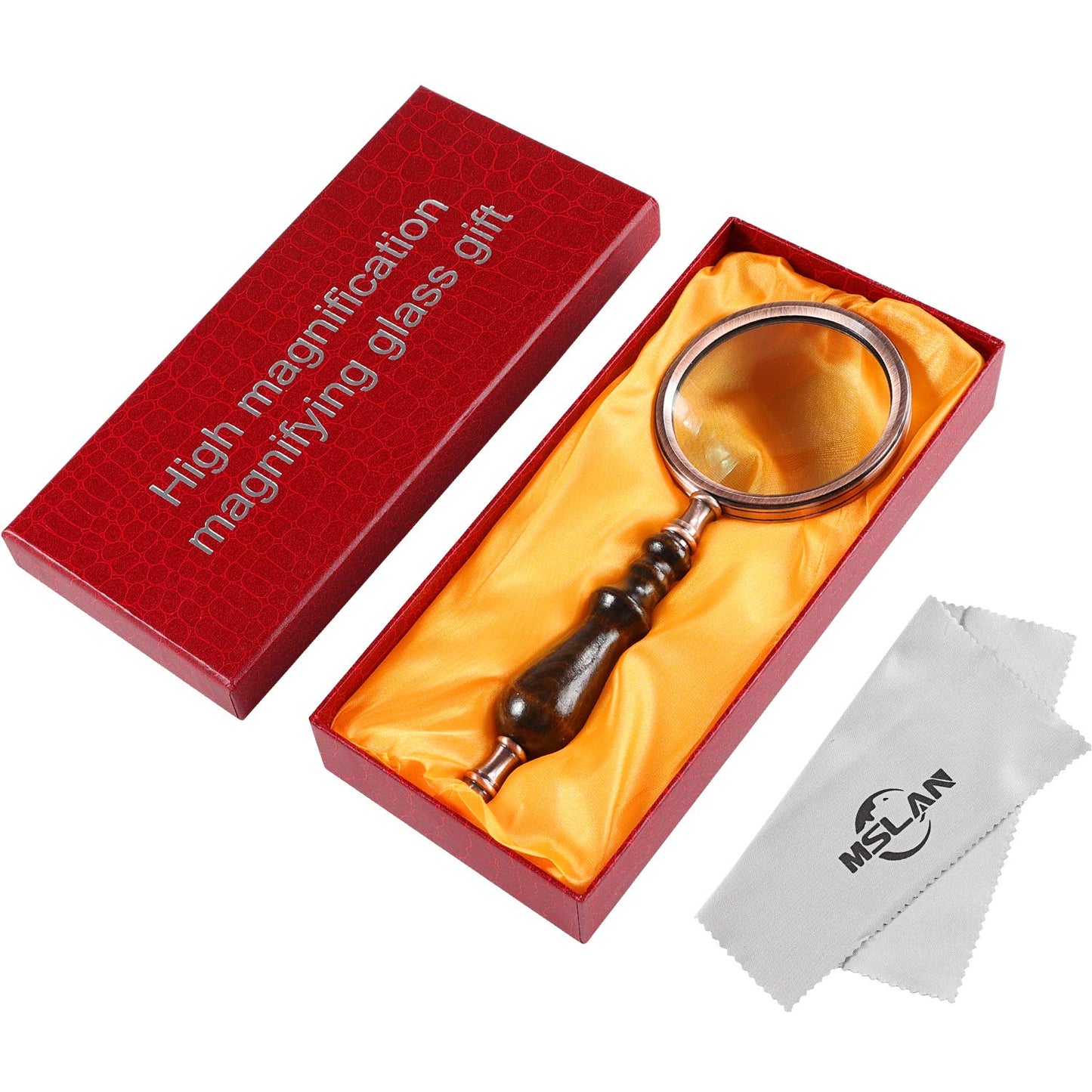 MSLAN Magnifying Glass,10X Antique Copper Handheld with Wooden Handle and Real Glass,Best Reading Magnifier for Elderly,Macular Degeneration