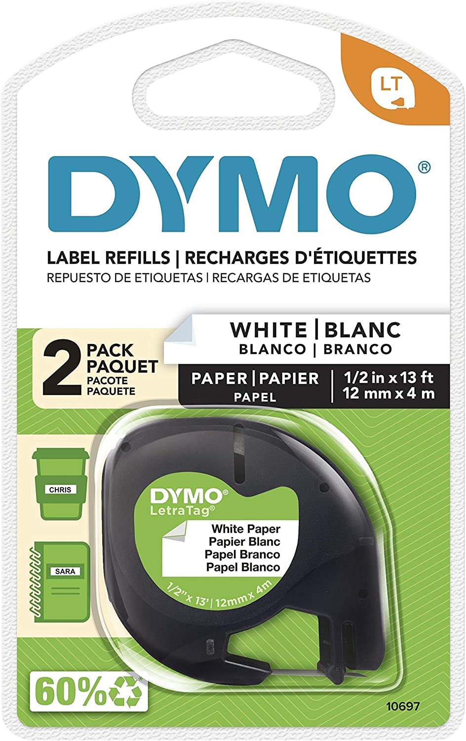 Dymo LetraTag Pack Paper Label Refills, White, 1/2 x 13 Ft. by DYMO