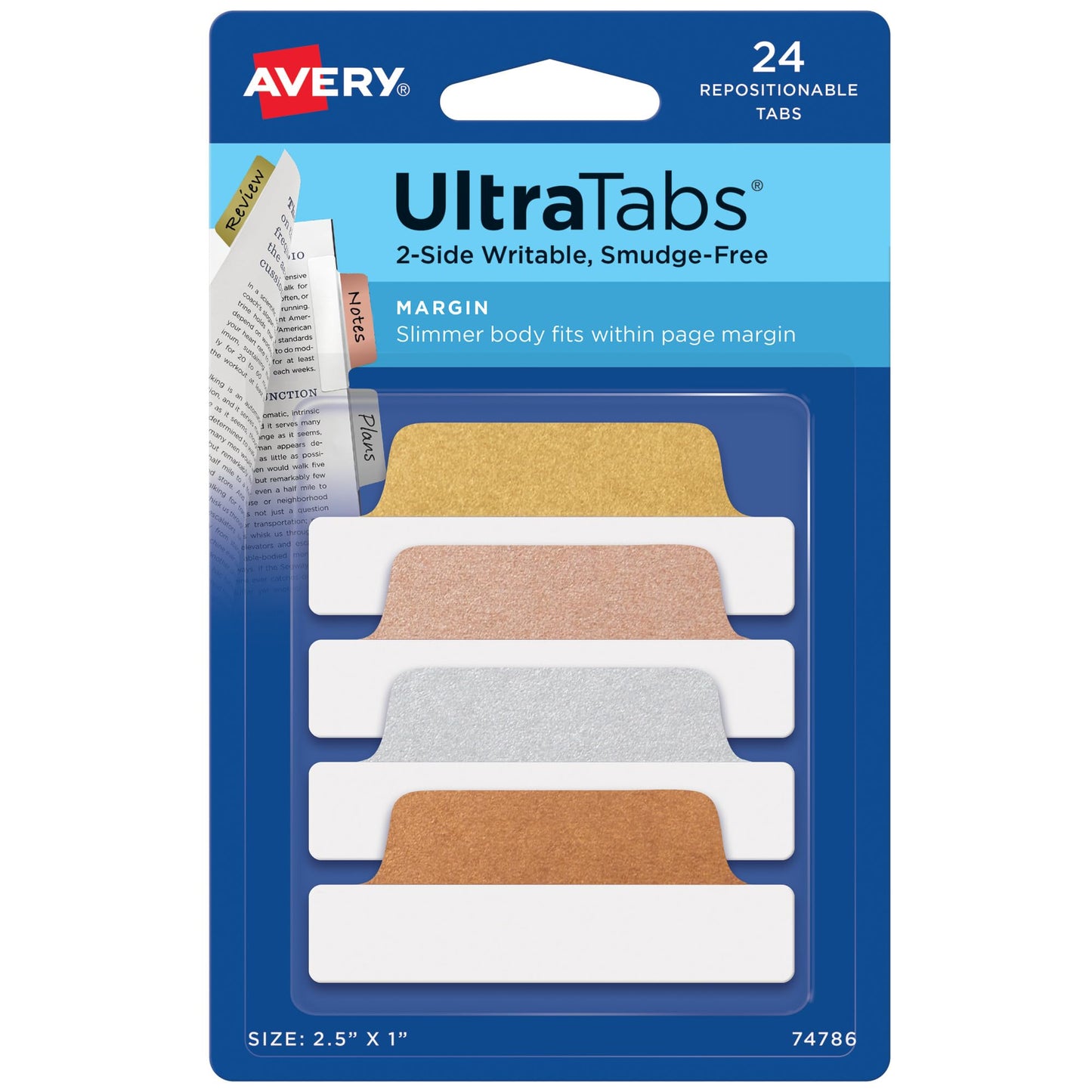 Avery Margin Ultra Tabs, 2.5" x 1", 2-Side Writable, Assorted Metallic, 24 Repositionable Page Tabs (74786)