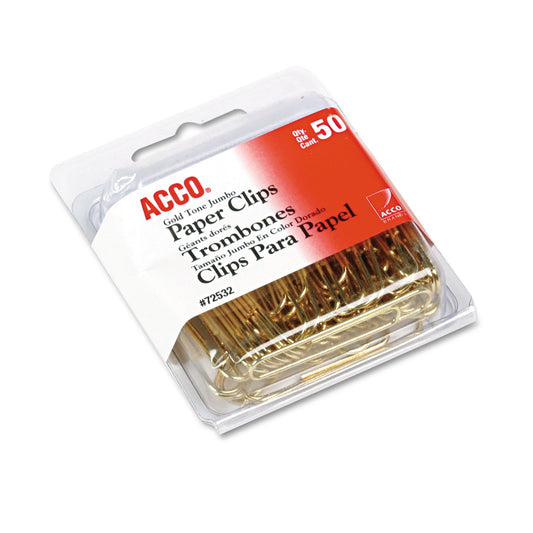 ACCO Paper Clips, Jumbo, Smooth, Gold, 50 Clips/Box (72532)