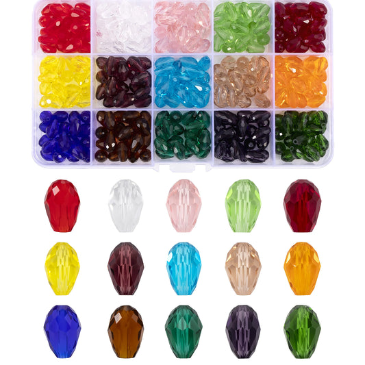 MissAudrey 300Pcs Teardrop Glass Beads for Jewelry Making 8x12mm Faceted Vertical Hole Crystal Spacer Beads Assortments for DIY Bracelet Necklace Earrings Crafts with Container Box