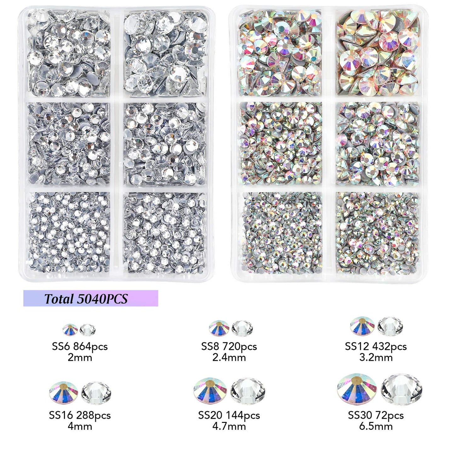 OUTUXED 5040pcs Hotfix Rhinestones, Clear and AB Crystal Rhinestones 6 Mixed Size for Crafts Flatback Hotfix Crystals, Clear Rhinestones with Tweezers and Picking Rhinestones Pen 2-6.5mm