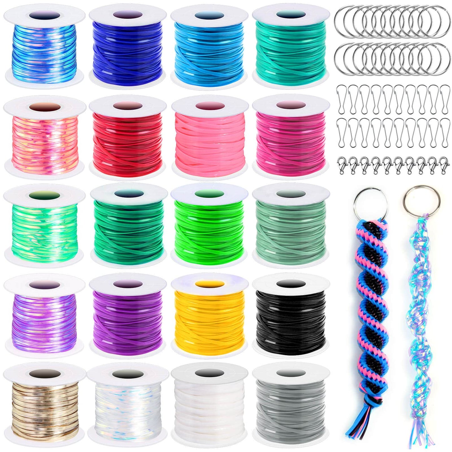 cridoz Lanyard String, Boondoggle String Kit with 20 Rolls Plastic Lacing Cord and 50Pcs Keychain Lanyard Accessories, Gimp String Lanyard Weaving Kit for Keychain Crafts, Bracelet and Lanyards