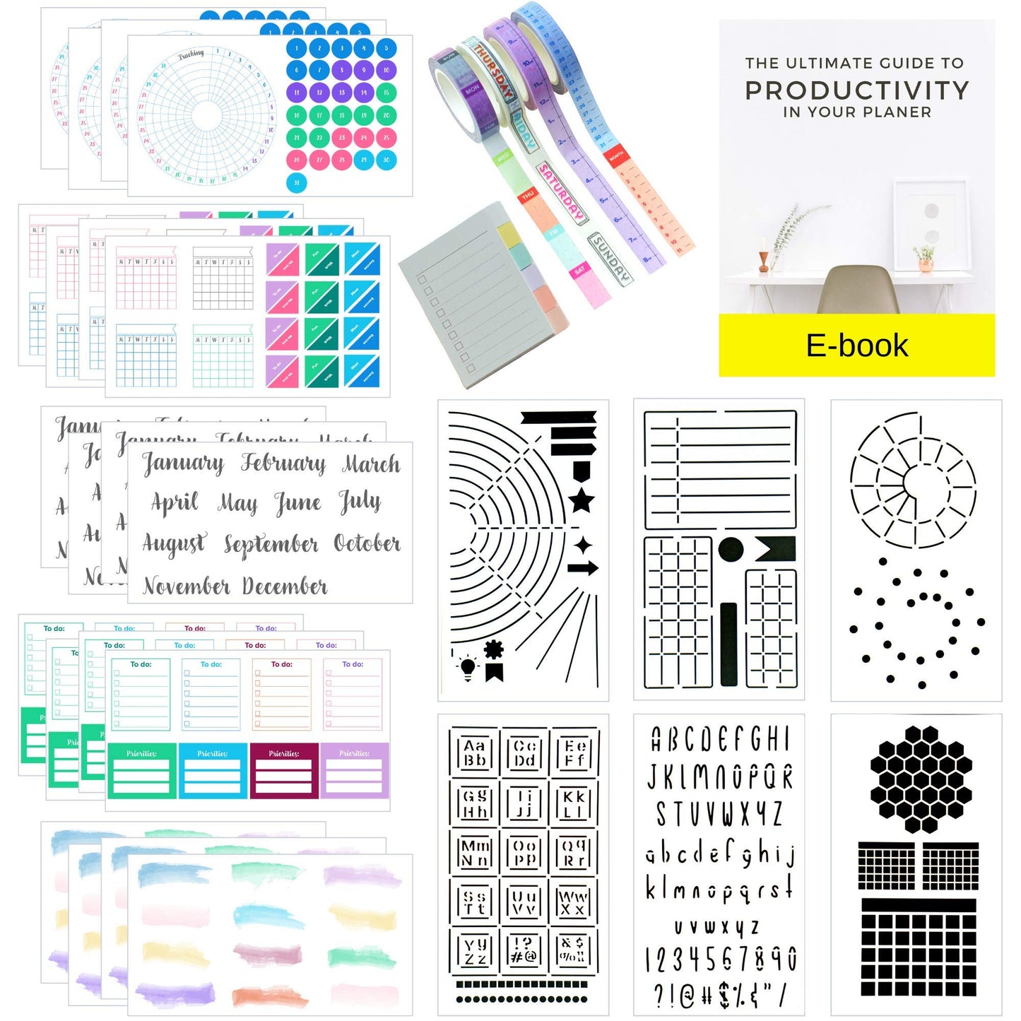 Sunny Streak Ultimate Productivity Journal Supplies Kit - 31 Piece Set, Custom-Designed Supplies for Bullet Dotted Journals, Includes Stickers, Stencils, Washi Tapes and Sticky Notes