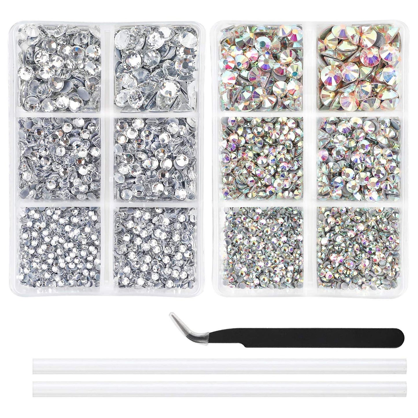 OUTUXED 5040pcs Hotfix Rhinestones, Clear and AB Crystal Rhinestones 6 Mixed Size for Crafts Flatback Hotfix Crystals, Clear Rhinestones with Tweezers and Picking Rhinestones Pen 2-6.5mm