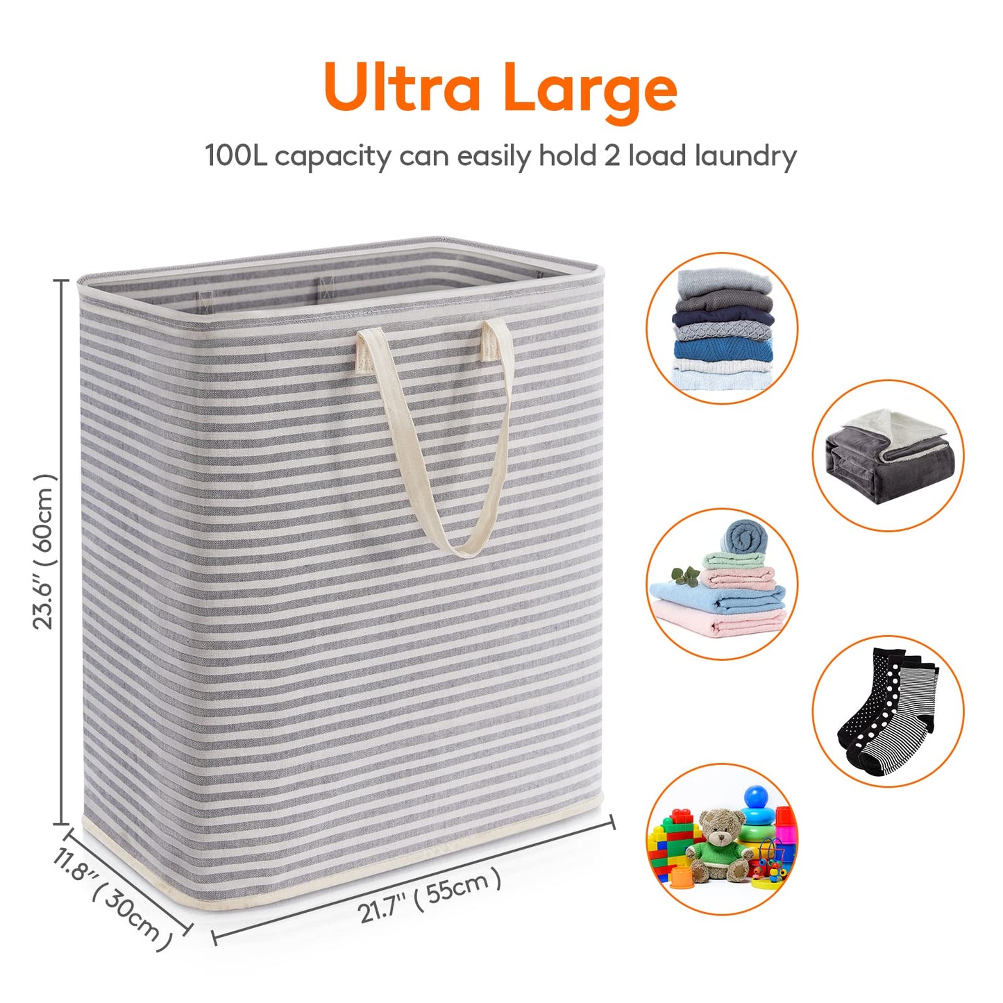 Lifewit 100L Laundry Hamper Large Collapsible Laundry Baskets, Freestanding Waterproof Clothes Hamper Storage Basket with Easy Carry Extended Handles for Clothes in Laundry Room Bedroom Bathroom College Dorm for Adults, Grey