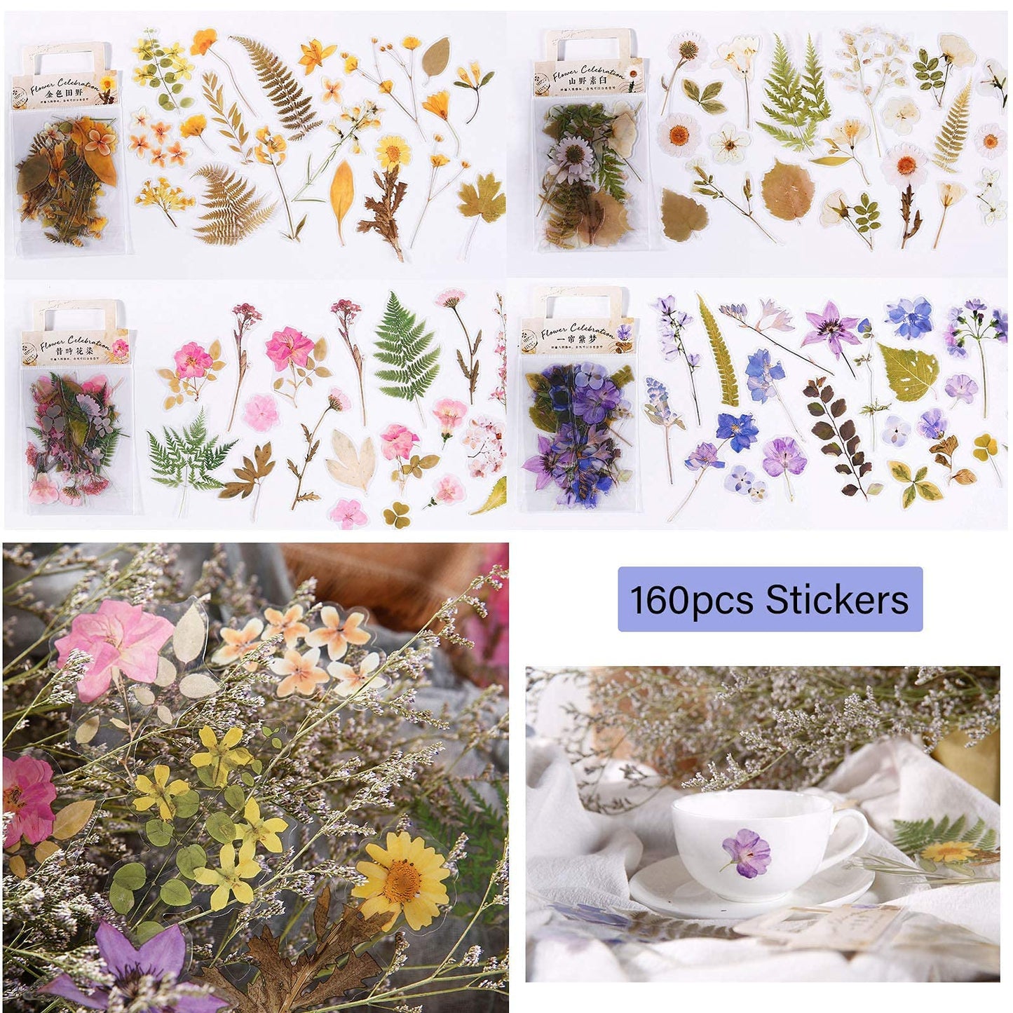 RisyPisy 160pcs Scrapbooks Natural Stickers, Floral and Plant Sticker for DIY Craft, Planners, Journal, Notebook, Laptop, Cell Phone, Calendars