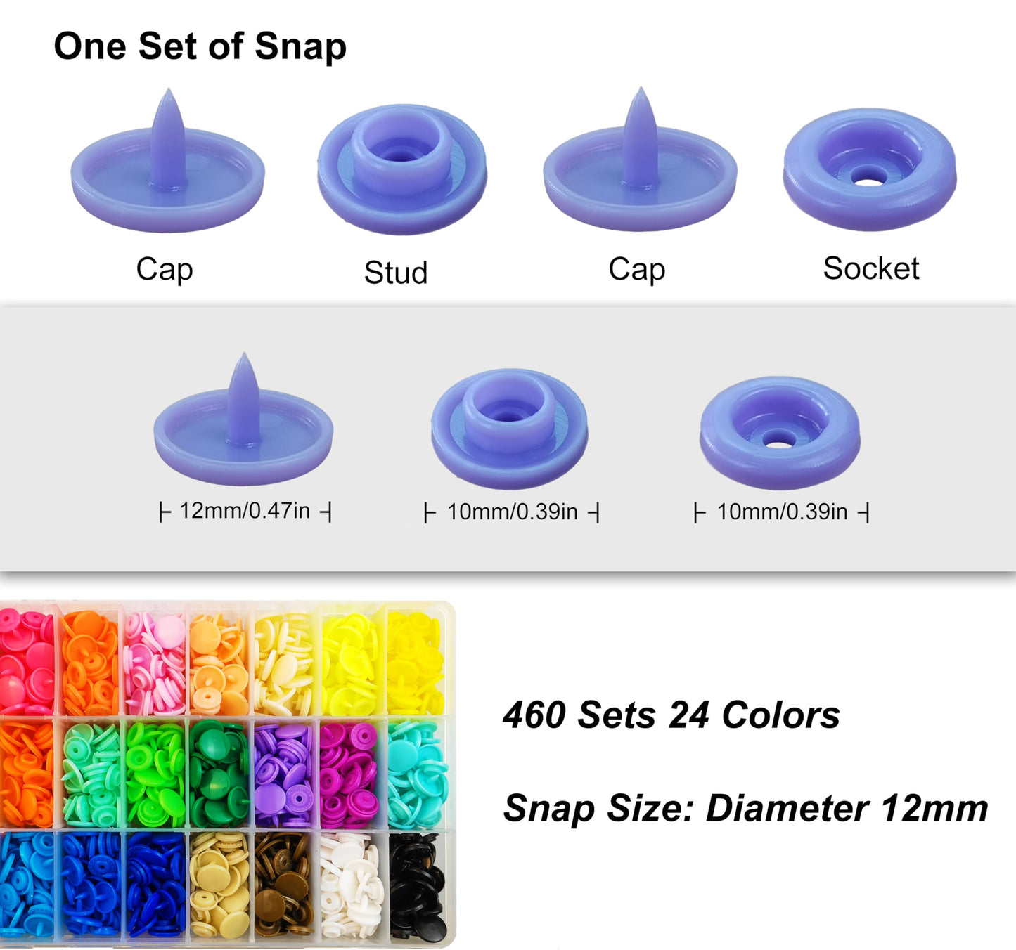 TmppDeco Plastic Snaps with Snap Pliers, 460 Sets 24-Colors Snap Buttons for Sewing, Snap Fasteners Kit for Sewing, Clothing, Crafting