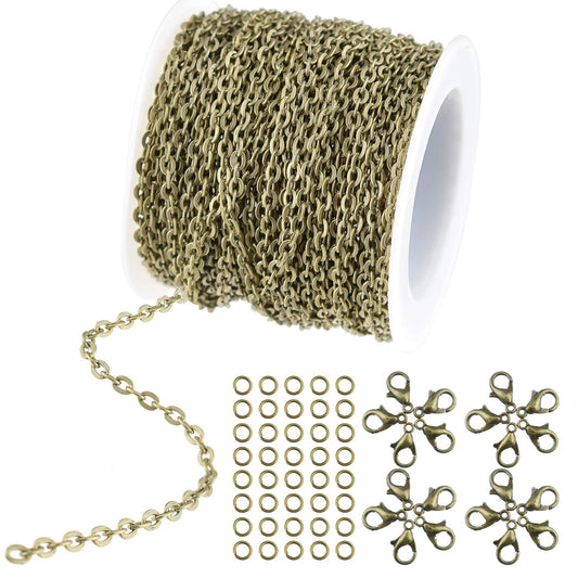 WXJ13 36 Feet/12 Yards Bronze Color Plated Round Cable Link Chain Necklace with 20 Lobster Clasps and 30 Jump Rings for Necklace Jewelry Accessories DIY Making