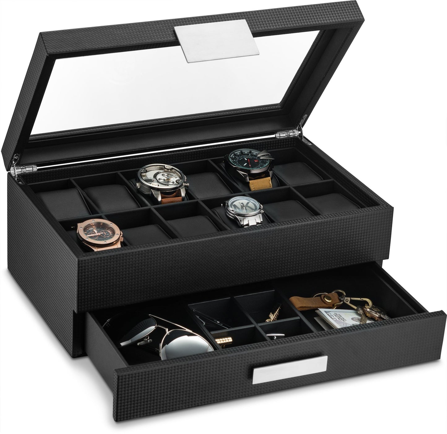 Glenor Co Watch Box with Valet Drawer for Men - 12 Slot Luxury Case Display Organizer, Carbon Fiber Design - Metal Buckle for Mens Jewelry Watches, Men's Storage Boxes Holder has Large Glass Top