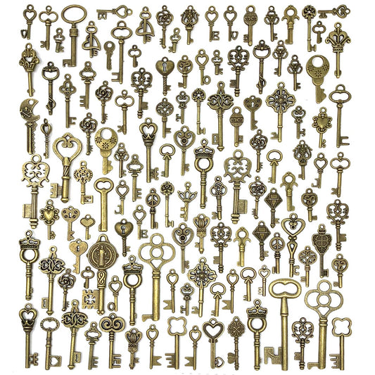 125 PCS Vintage Skeleton Key Set Charms, JIALEEY Mixed Antique Style Bronze Brass for Pendant DIY Jewelry Making Wedding Party Favors