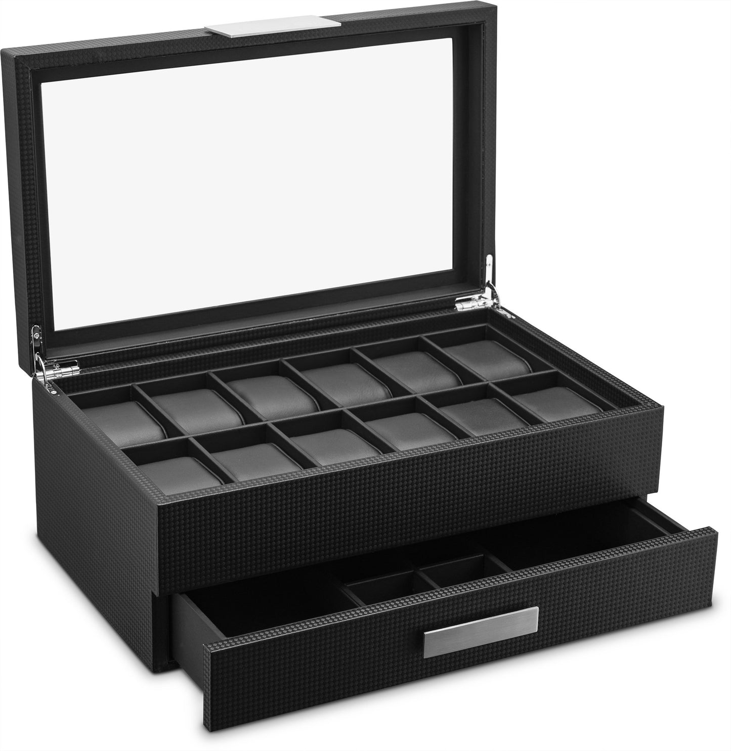 Glenor Co Watch Box with Valet Drawer for Men - 12 Slot Luxury Case Display Organizer, Carbon Fiber Design - Metal Buckle for Mens Jewelry Watches, Men's Storage Boxes Holder has Large Glass Top