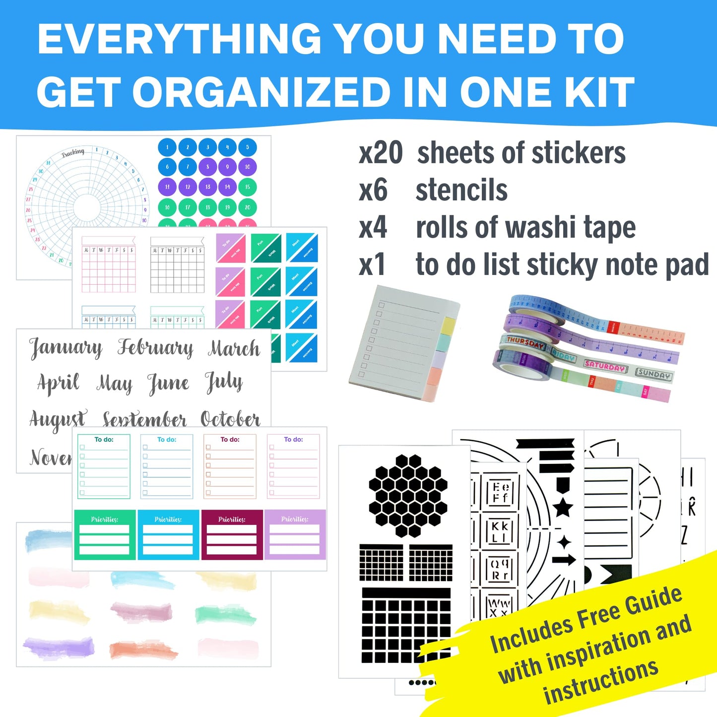 Sunny Streak Ultimate Productivity Journal Supplies Kit - 31 Piece Set, Custom-Designed Supplies for Bullet Dotted Journals, Includes Stickers, Stencils, Washi Tapes and Sticky Notes