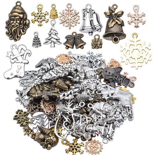 100 Gram Christmas Charms Assorted Antique Pendants Snowflake Tree Stocking Snowman Mixed Colors for Jewelry Making