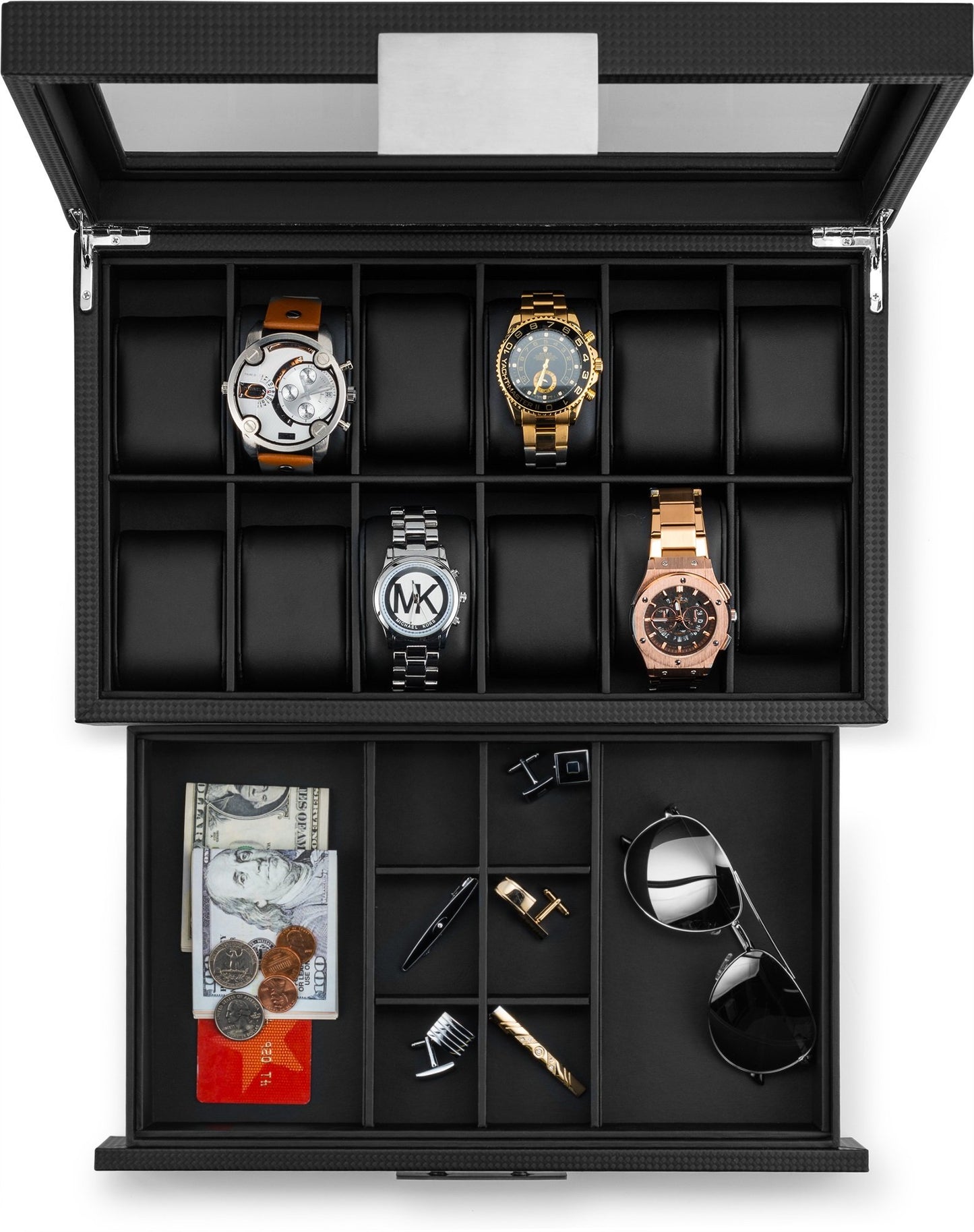 Glenor Co Watch Box with Valet Drawer for Men - 12 Slot Luxury Case Display Organizer, Carbon Fiber Design - Metal Buckle for Mens Jewelry Watches, Men's Storage Boxes Holder has Large Glass Top