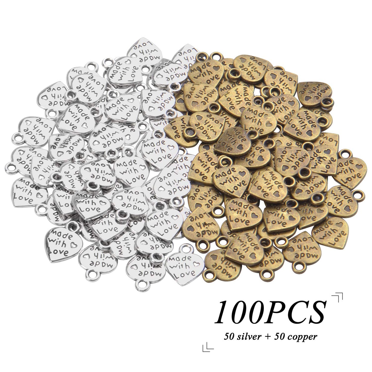 BronaGrand 100pcs Peach Heart Shape MADE WITH LOVE Charm pendant for DIY Crafting jewelry Making(Antique Silver and Bronze)