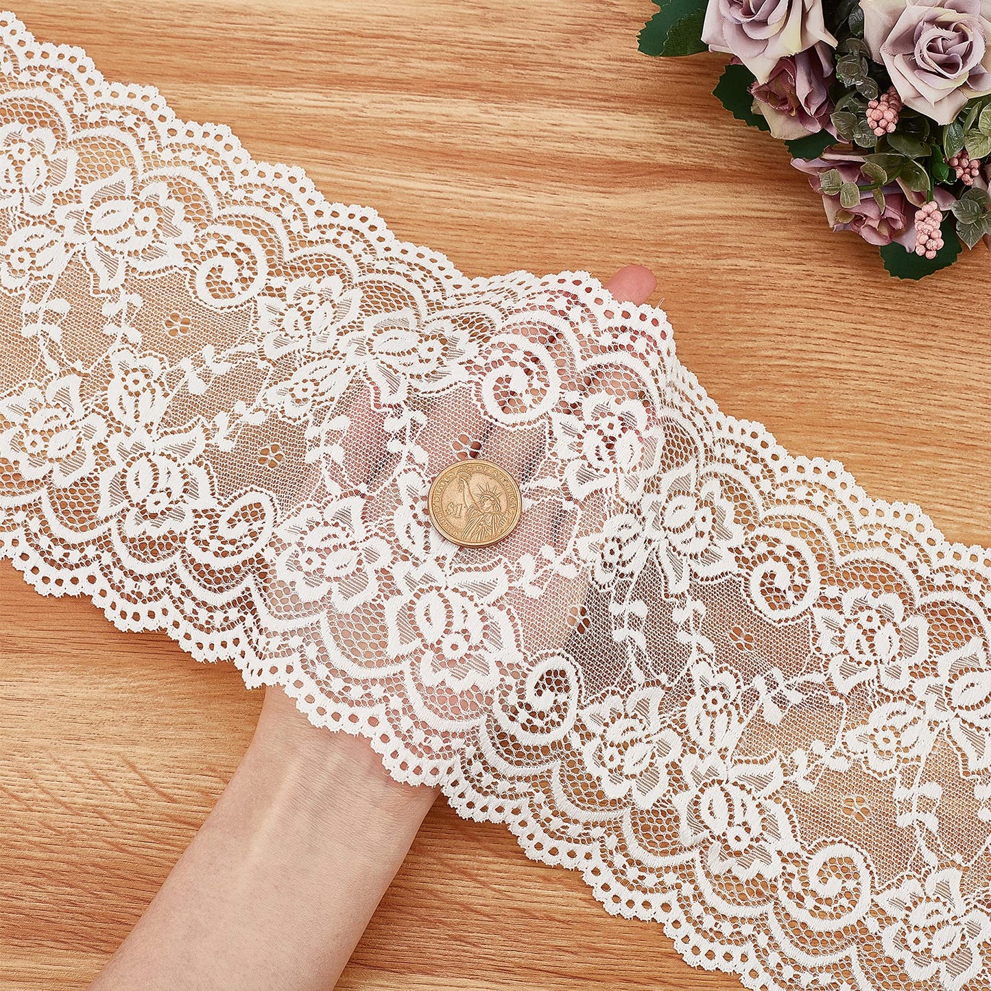 GORGECRAFT 5 Yards 6 Inch Wide Elastic Lace White Cotton Floral Pattern Trim Fabric Sewing for Scalloped Edge Decorations for Dress Tablecloth Hair Band Wedding Festival Event Decorations