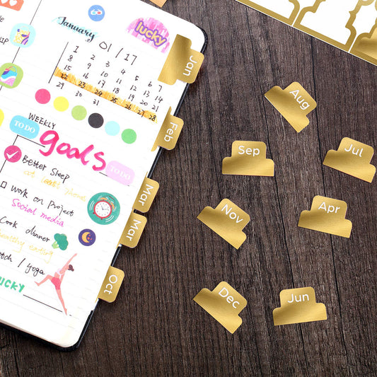 Outus 24 Pieces Monthly Tabs for Planner Adhesive Tabs Designer Accessories Monthly Tabs Planner Stickers Decorative for Office Planners Organizations (Gold)