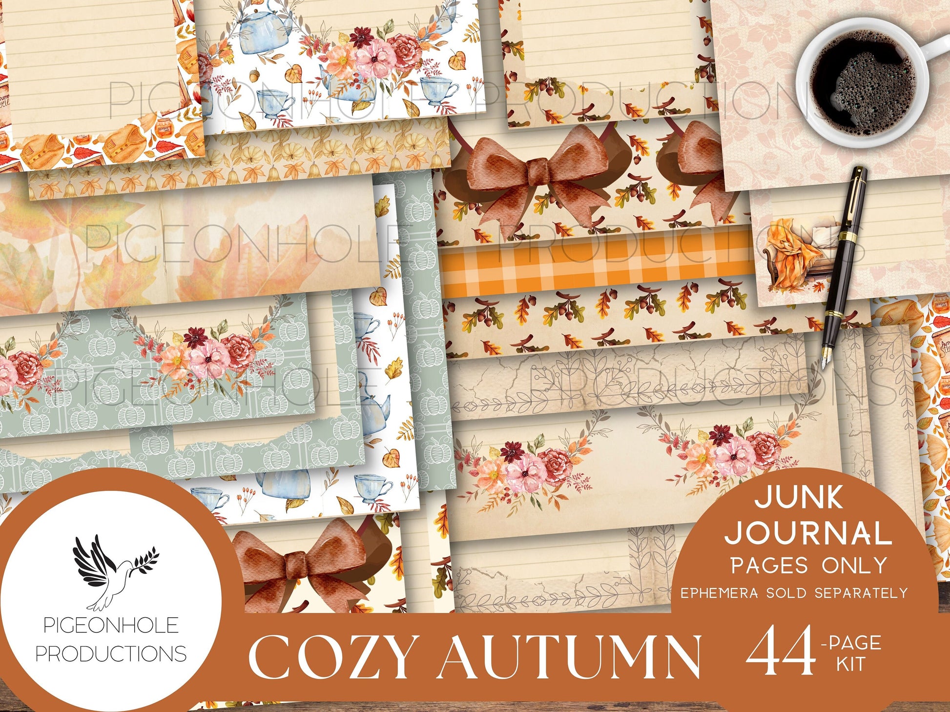 Cozy Autumn Junk Journal Pages Only Kit, PRINTABLE, 44 sheets of collaged, lined & unlined sheets, rich fall colors and images for crafting