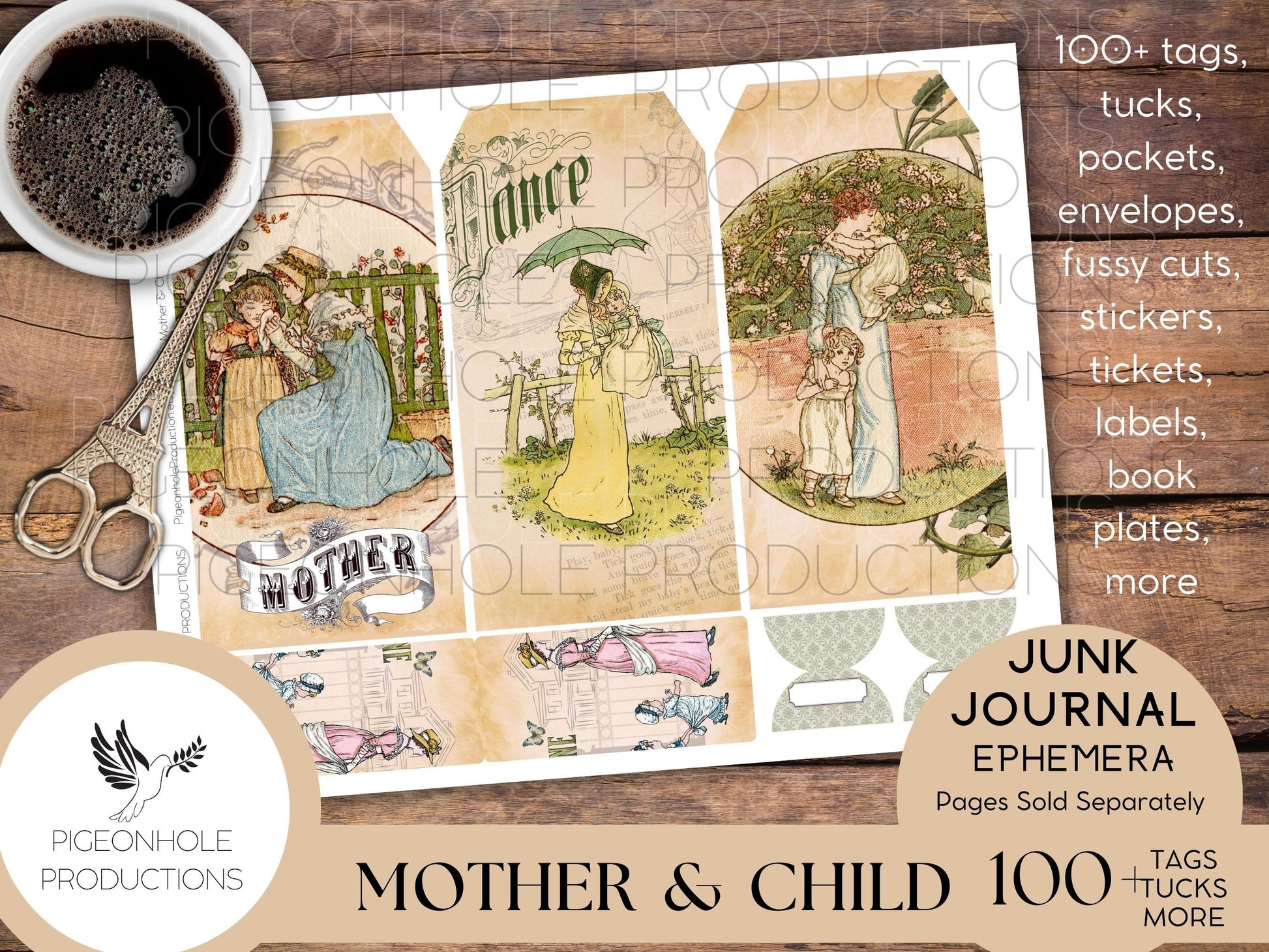 Mother & Child Junk Journal EPHEMERA, PRINTABLE, 70+ tags, tucks, pockets, envelopes, fussy cuts, stickers, tickets, labels, bookplates