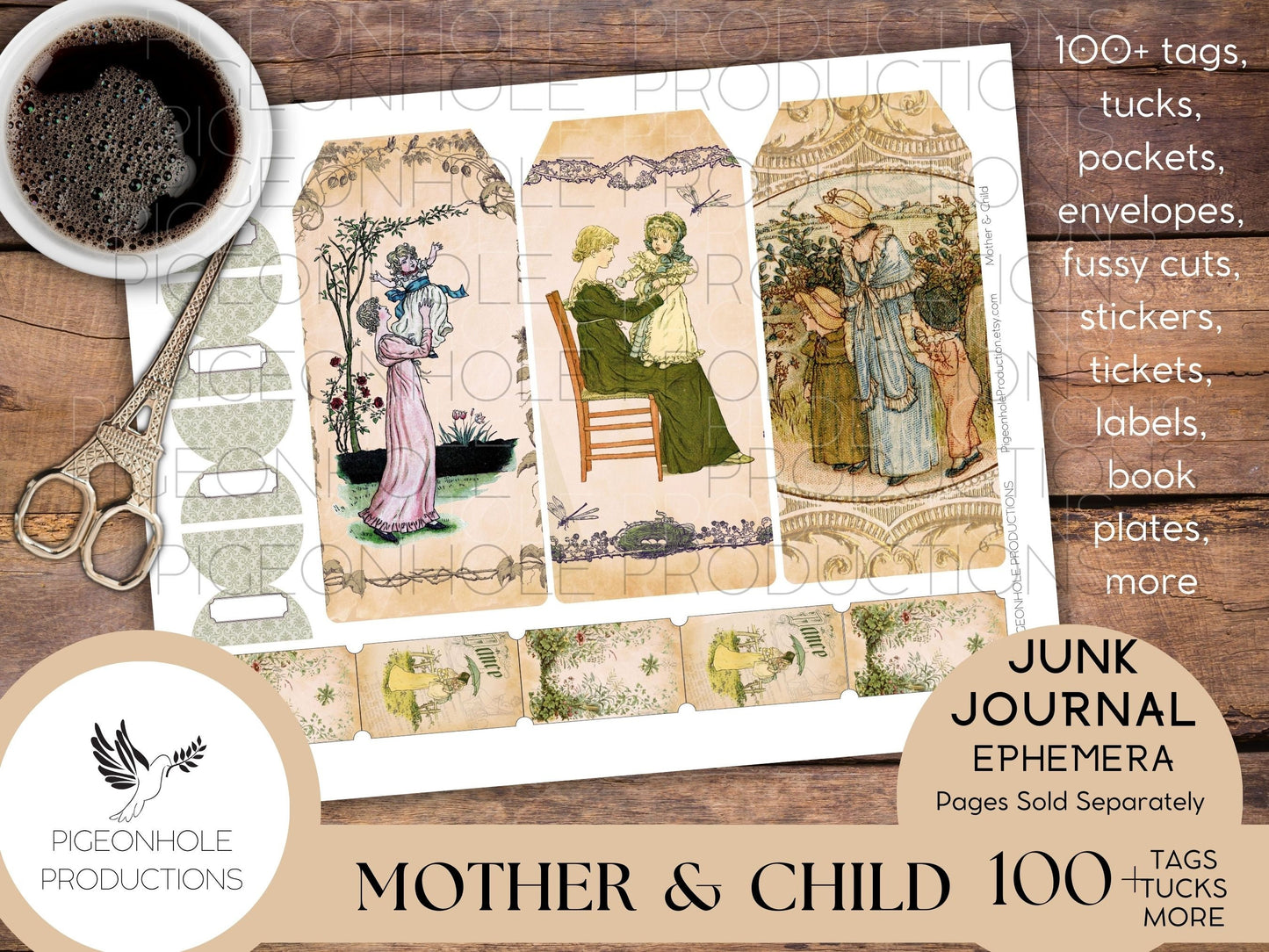 Mother & Child Junk Journal EPHEMERA, PRINTABLE, 70+ tags, tucks, pockets, envelopes, fussy cuts, stickers, tickets, labels, bookplates