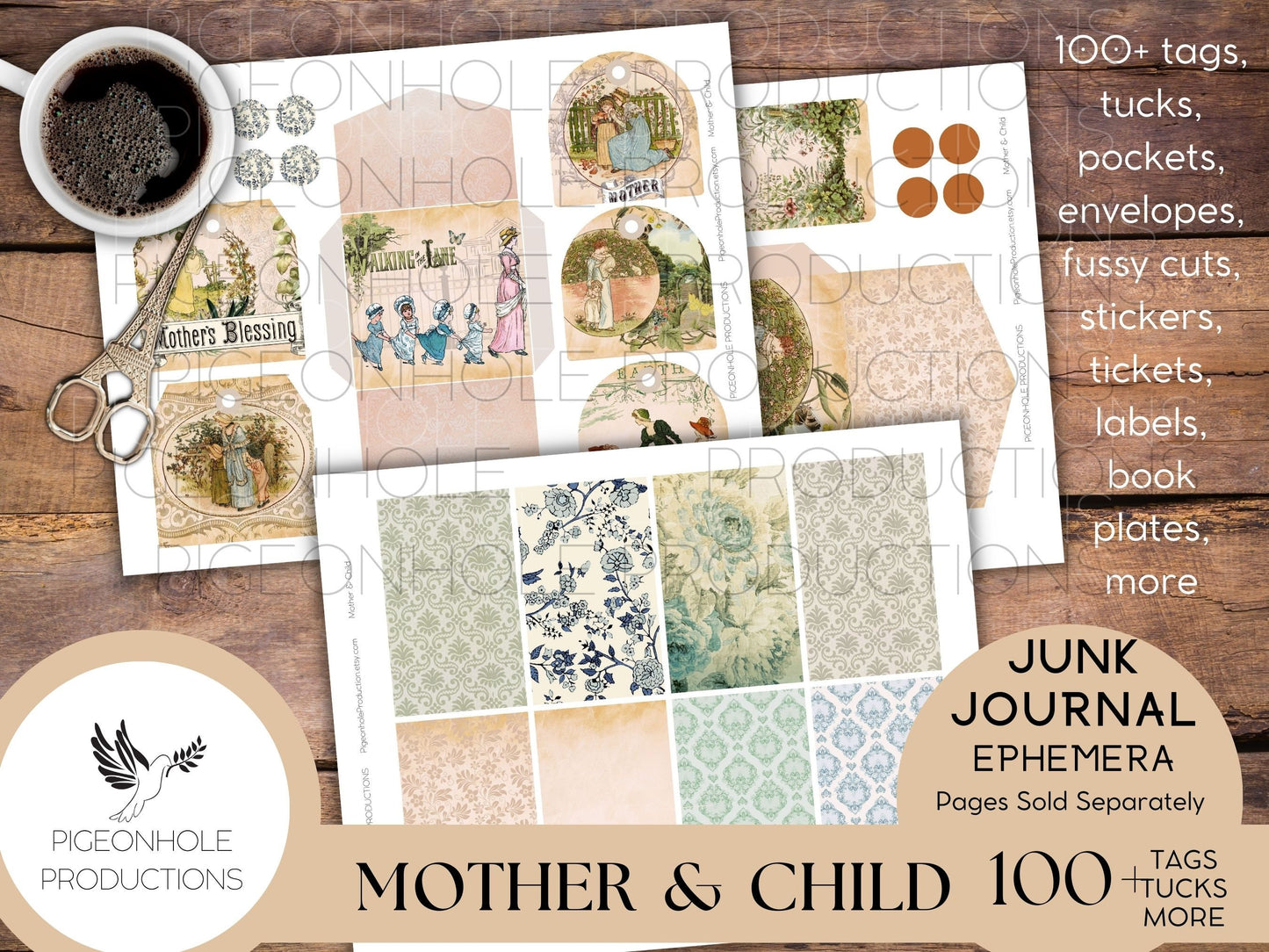 Mother & Child Junk Journal EPHEMERA, PRINTABLE, 70+ tags, tucks, pockets, envelopes, fussy cuts, stickers, tickets, labels, bookplates