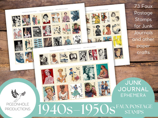 1940s-1950s Faux Postage Stamps—PRINTABLE—Use in junk journals, planners, scrapbooking, collage, or print on sticker paper for stickers