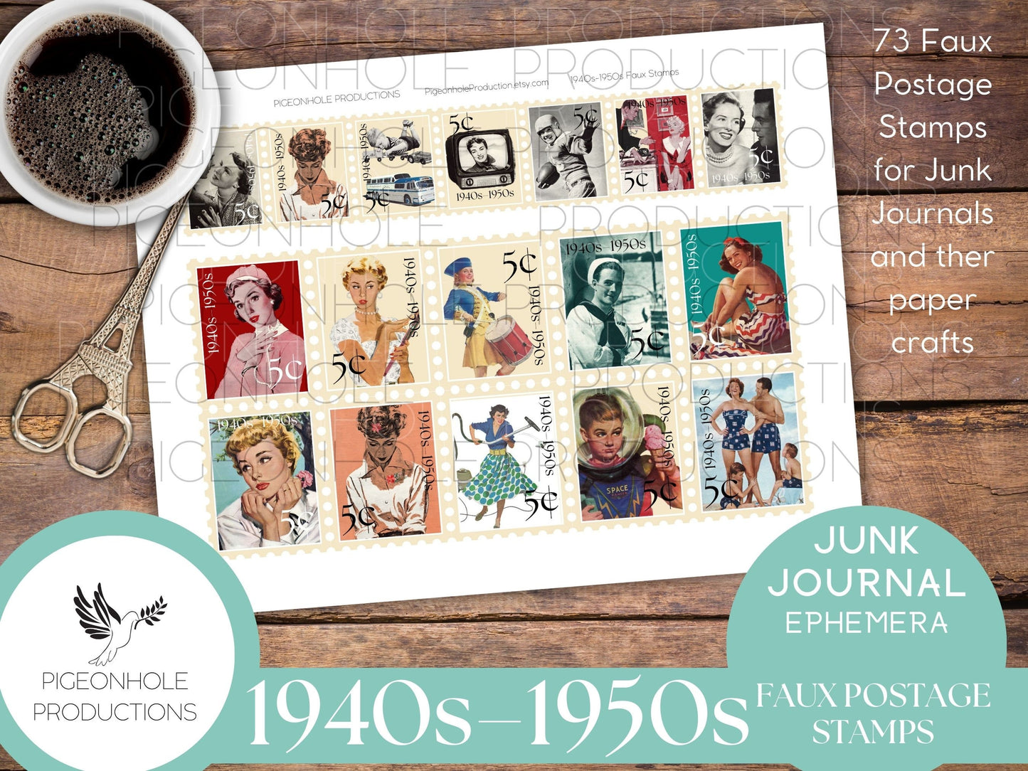 1940s-1950s Faux Postage Stamps—PRINTABLE—Use in junk journals, planners, scrapbooking, collage, or print on sticker paper for stickers