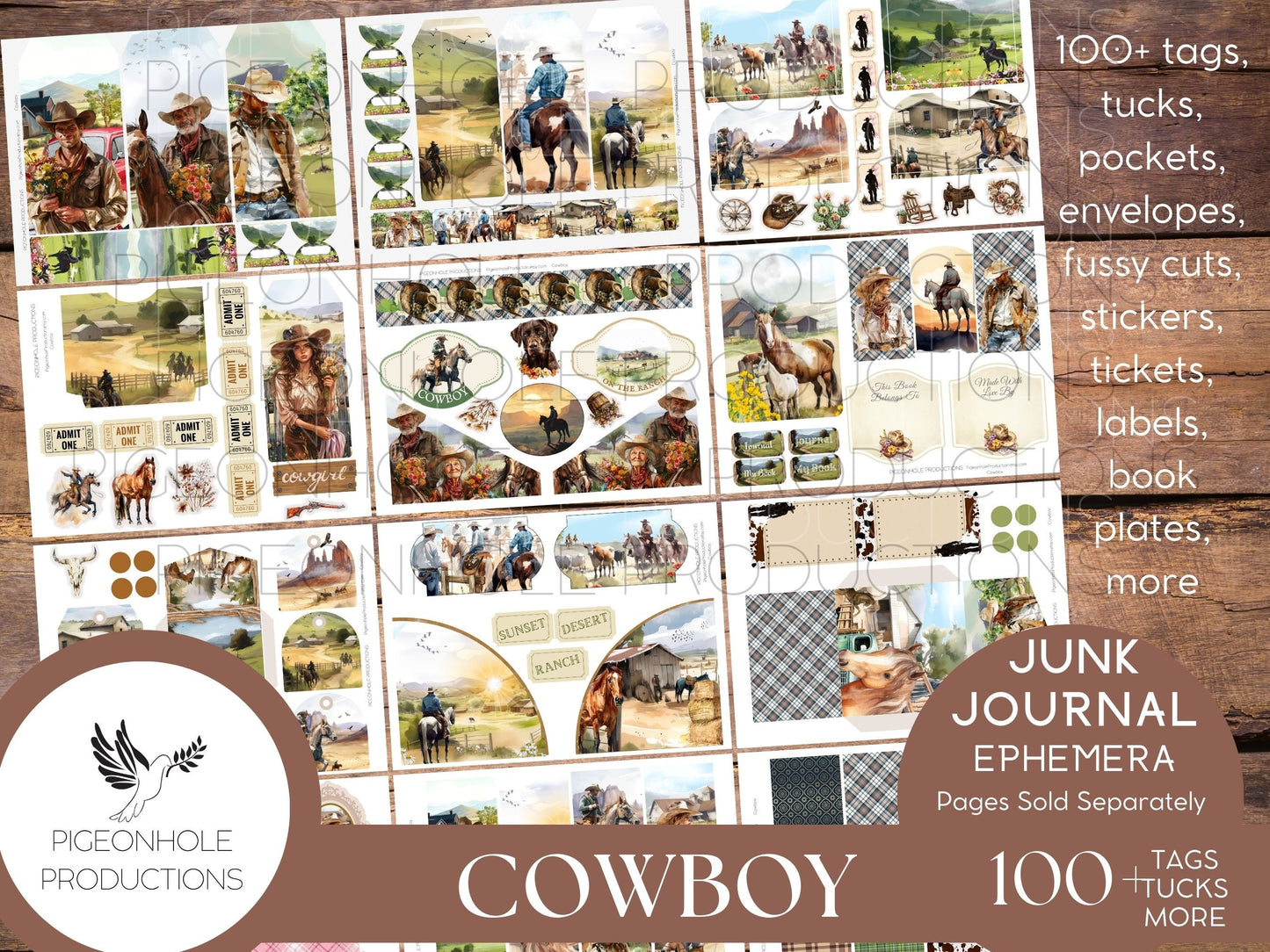 Cowboy Junk Journal EPHEMERA, PRINTABLE, 70+ tags, tucks, pockets, envelopes, fussy cuts, stickers, tickets, labels, bookplates, more!