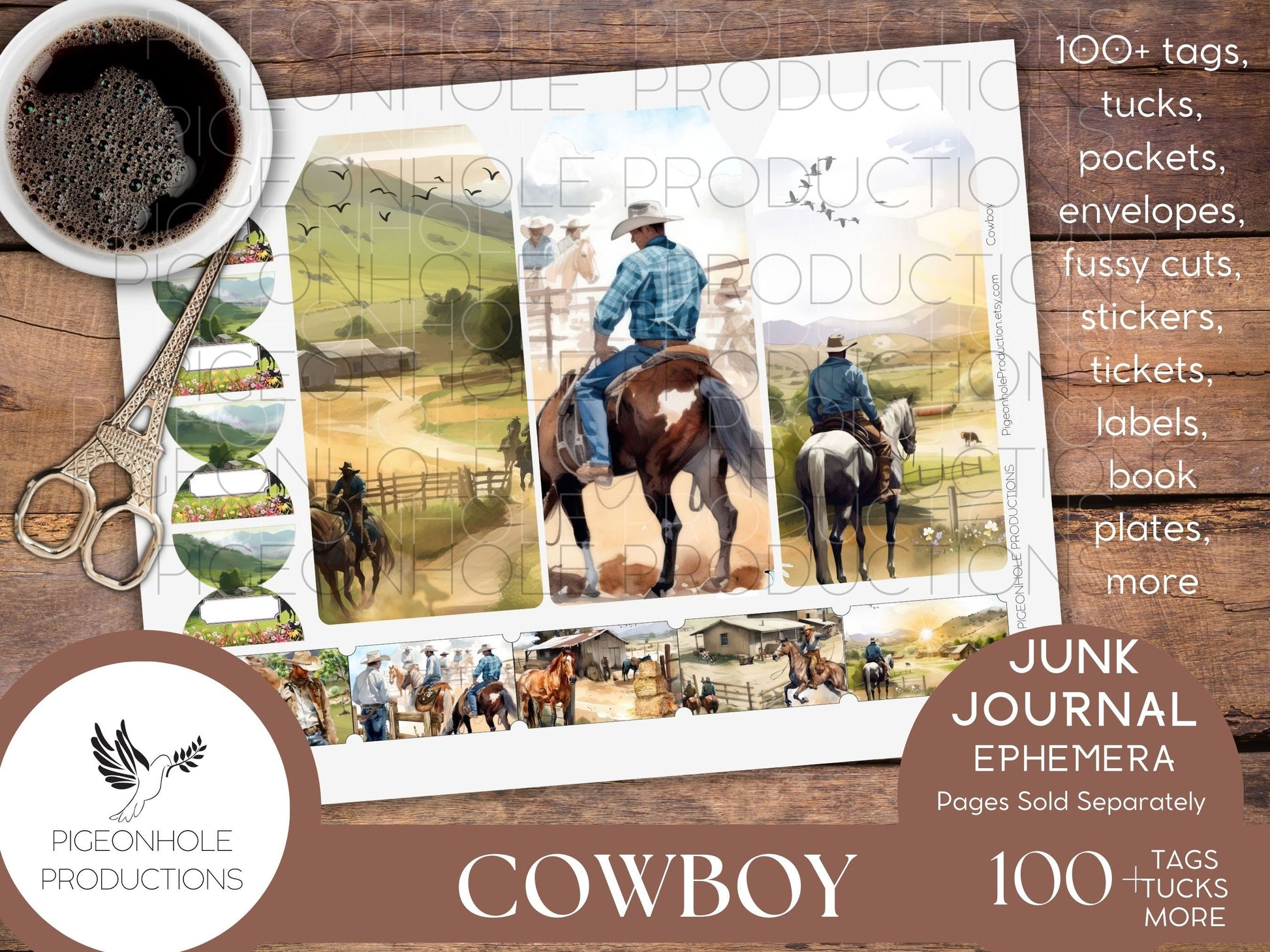 Cowboy Junk Journal EPHEMERA, PRINTABLE, 70+ tags, tucks, pockets, envelopes, fussy cuts, stickers, tickets, labels, bookplates, more!