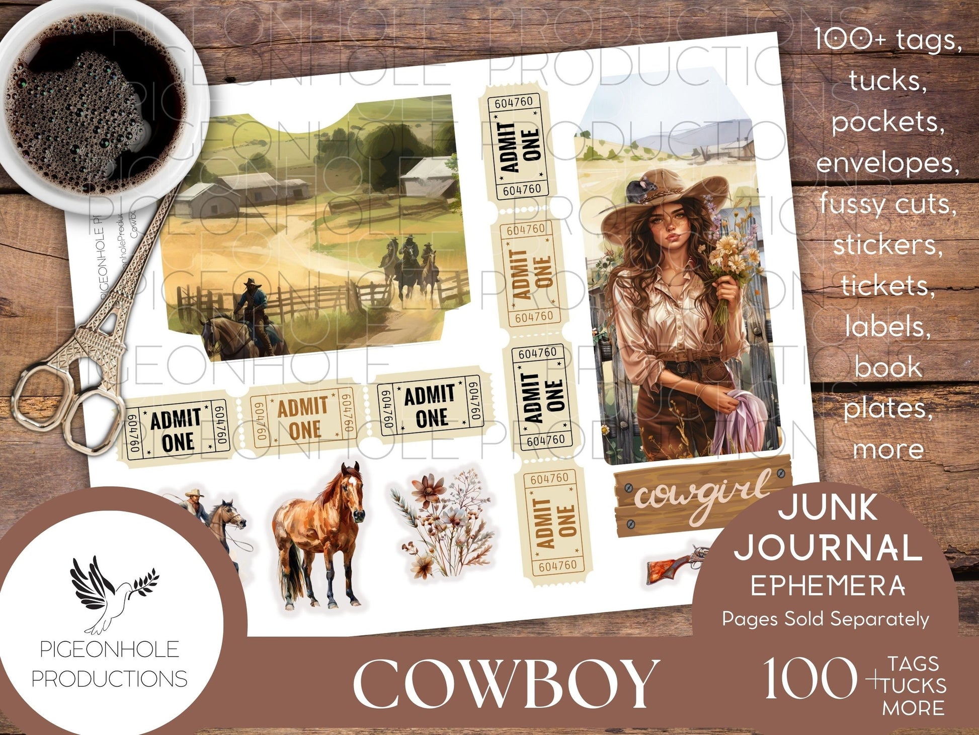 Cowboy Junk Journal EPHEMERA, PRINTABLE, 70+ tags, tucks, pockets, envelopes, fussy cuts, stickers, tickets, labels, bookplates, more!