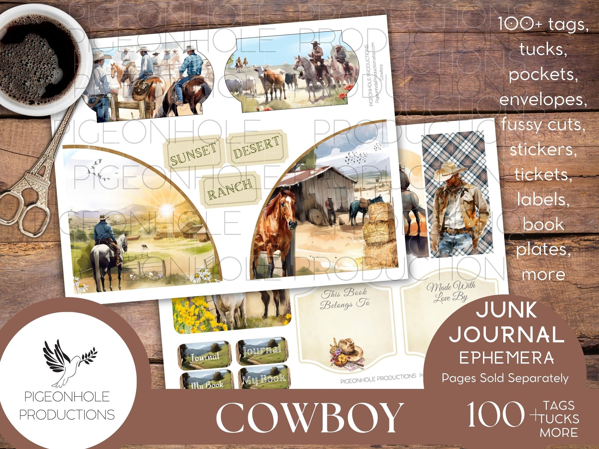 Cowboy Junk Journal EPHEMERA, PRINTABLE, 70+ tags, tucks, pockets, envelopes, fussy cuts, stickers, tickets, labels, bookplates, more!