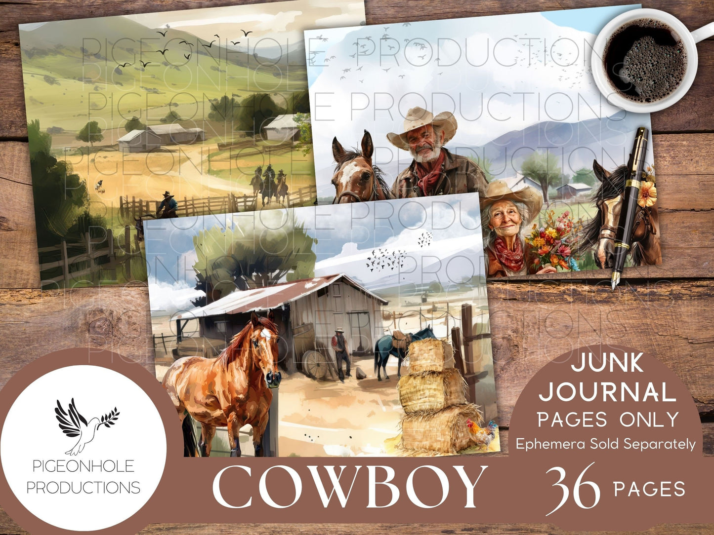 Cowboy Journal Pages Only Kit, PRINTABLE, 32 collage, lined, unlined sheets, sweet rainy day images for scrapbooking & other papercrafts!