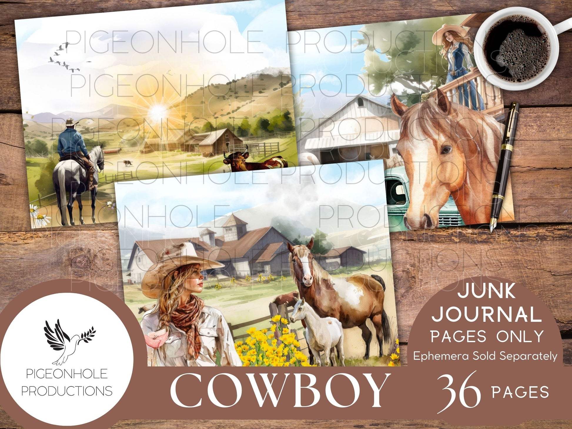 Cowboy Journal Pages Only Kit, PRINTABLE, 32 collage, lined, unlined sheets, sweet rainy day images for scrapbooking & other papercrafts!