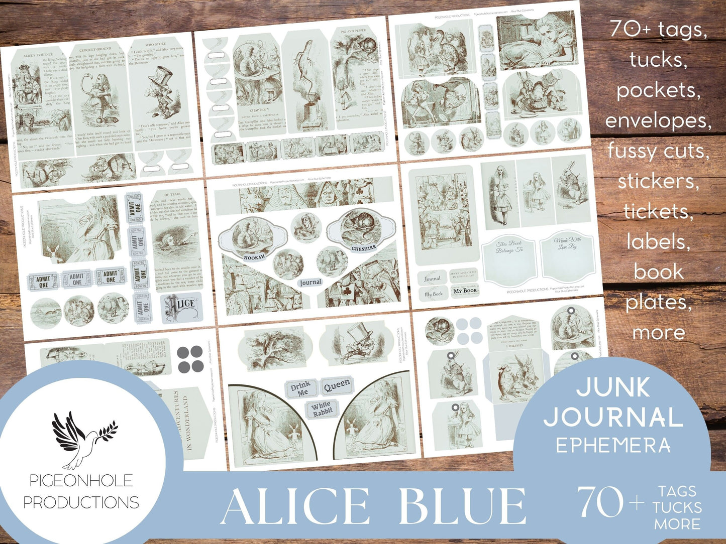 Alice In Wonderland BLUE Junk Journal EPHEMERA, PRINTABLE, 70+ tags, tucks, pockets, envelopes, stickers, tickets, labels, bookplates, more!