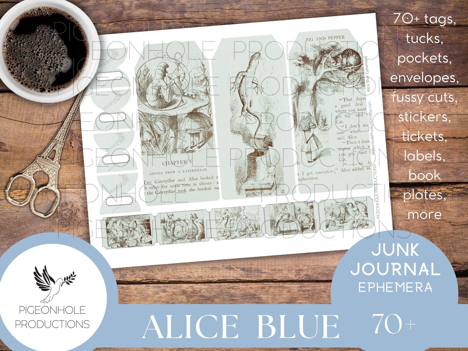 Alice In Wonderland BLUE Junk Journal EPHEMERA, PRINTABLE, 70+ tags, tucks, pockets, envelopes, stickers, tickets, labels, bookplates, more!