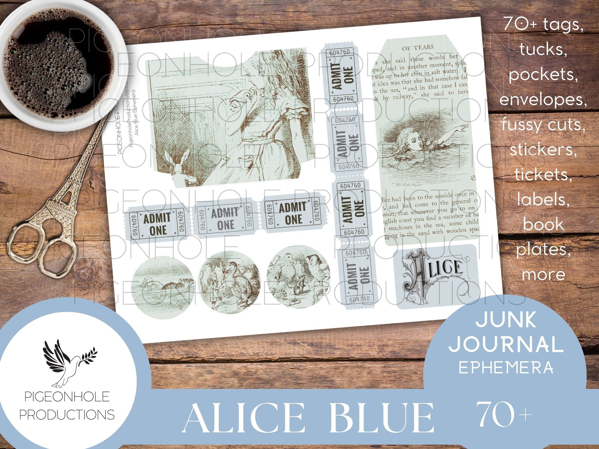 Alice In Wonderland BLUE Junk Journal EPHEMERA, PRINTABLE, 70+ tags, tucks, pockets, envelopes, stickers, tickets, labels, bookplates, more!