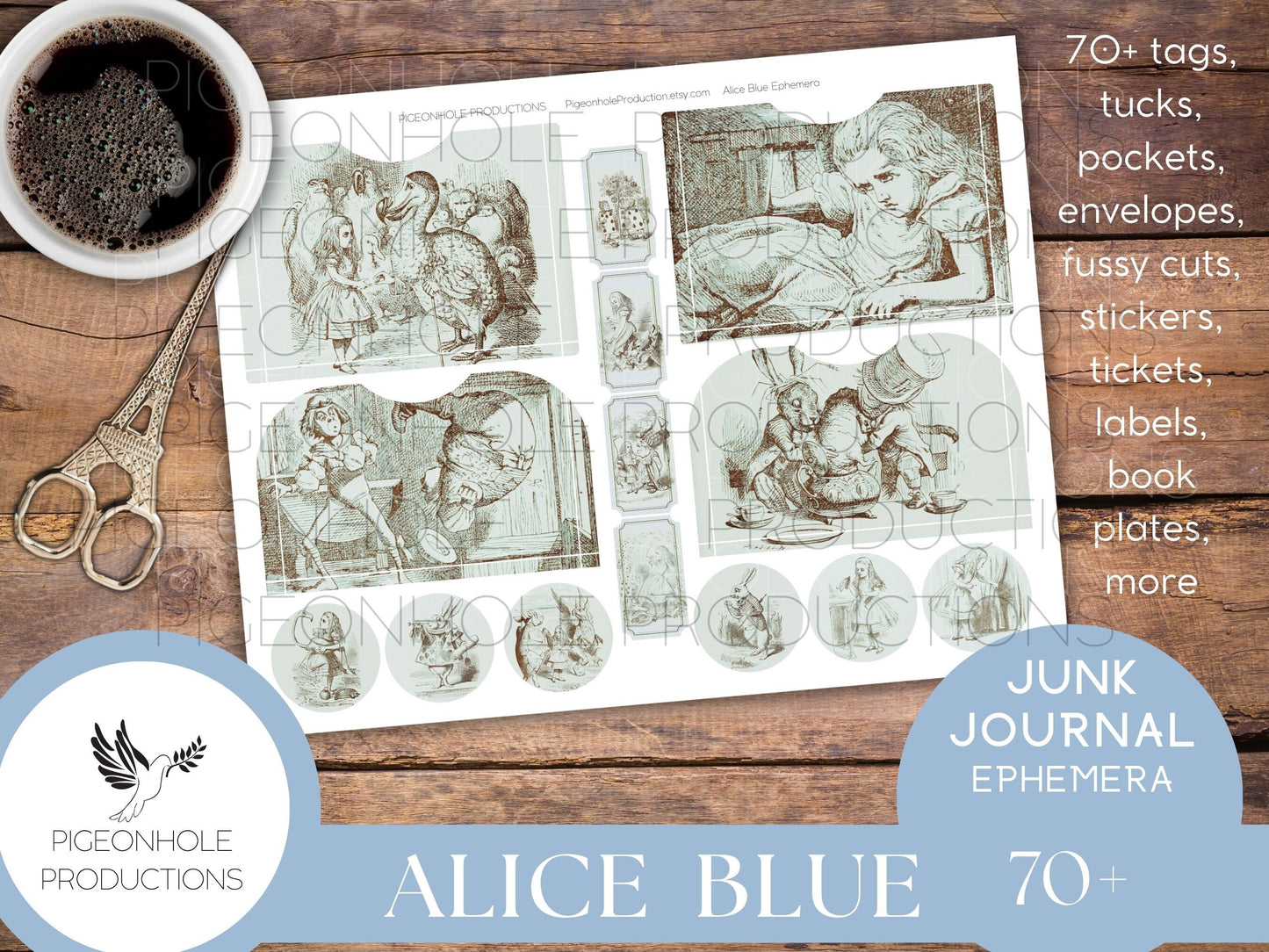 Alice In Wonderland BLUE Junk Journal EPHEMERA, PRINTABLE, 70+ tags, tucks, pockets, envelopes, stickers, tickets, labels, bookplates, more!