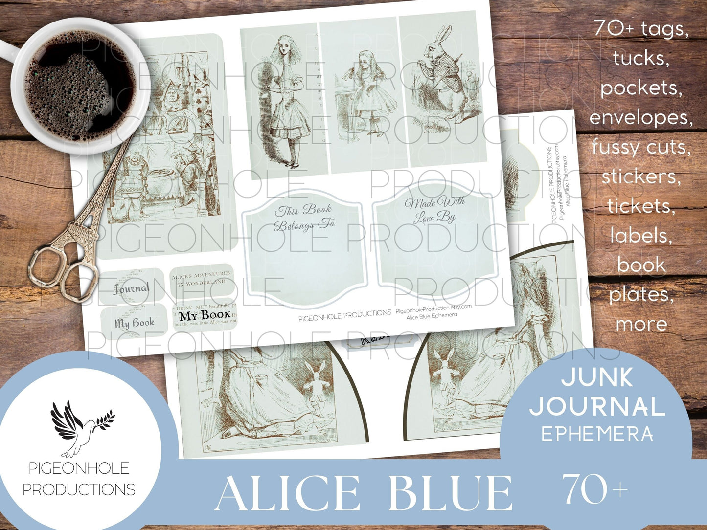 Alice In Wonderland BLUE Junk Journal EPHEMERA, PRINTABLE, 70+ tags, tucks, pockets, envelopes, stickers, tickets, labels, bookplates, more!