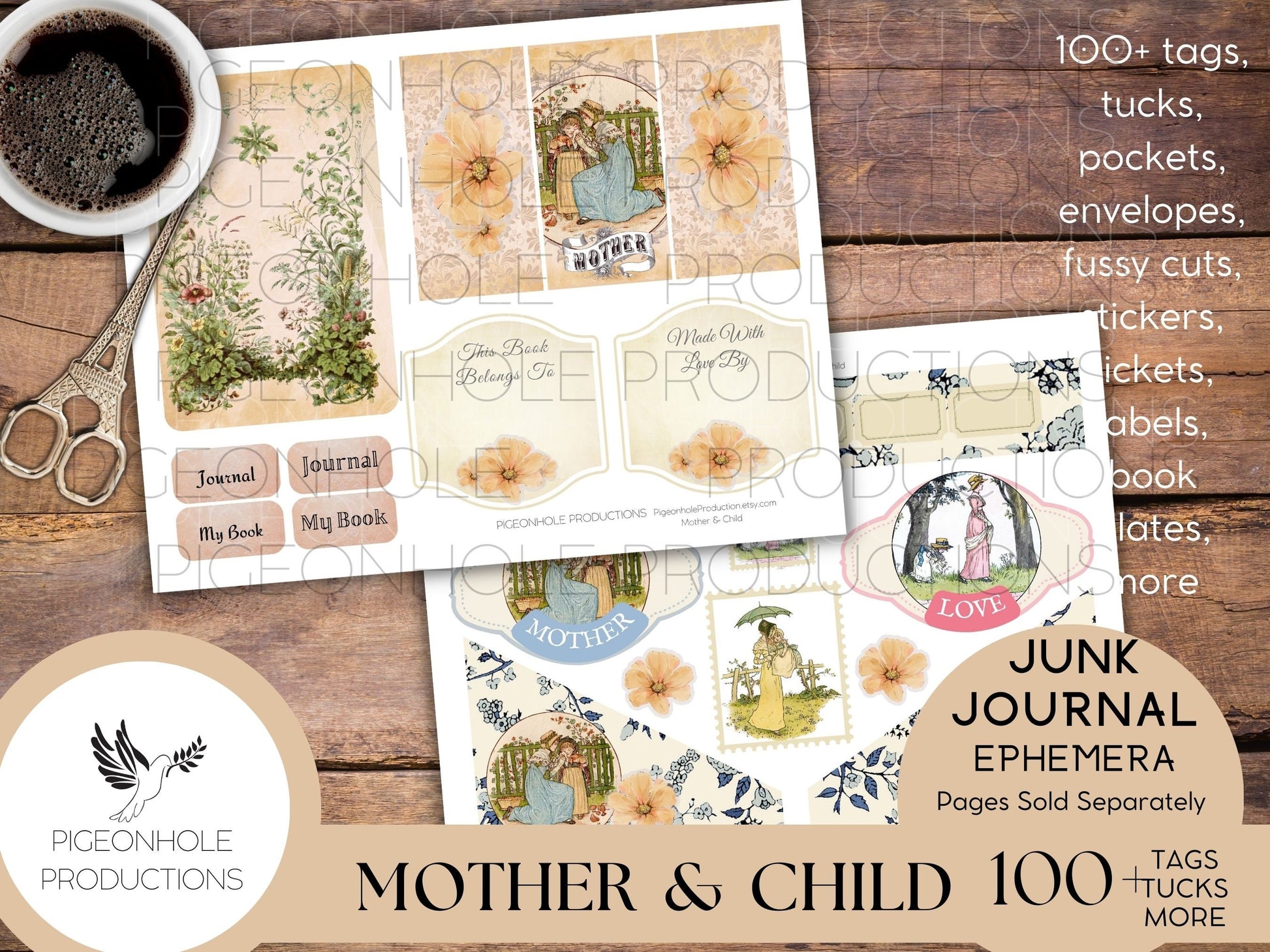 Mother & Child Junk Journal EPHEMERA, PRINTABLE, 70+ tags, tucks, pockets, envelopes, fussy cuts, stickers, tickets, labels, bookplates