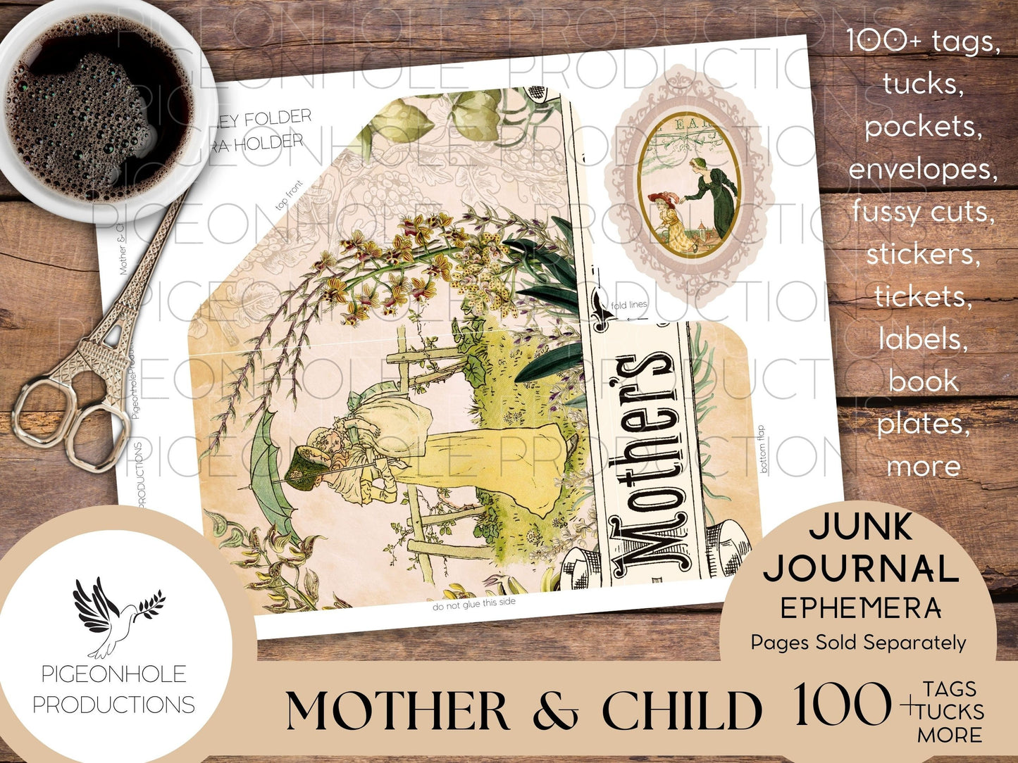 Mother & Child Junk Journal EPHEMERA, PRINTABLE, 70+ tags, tucks, pockets, envelopes, fussy cuts, stickers, tickets, labels, bookplates