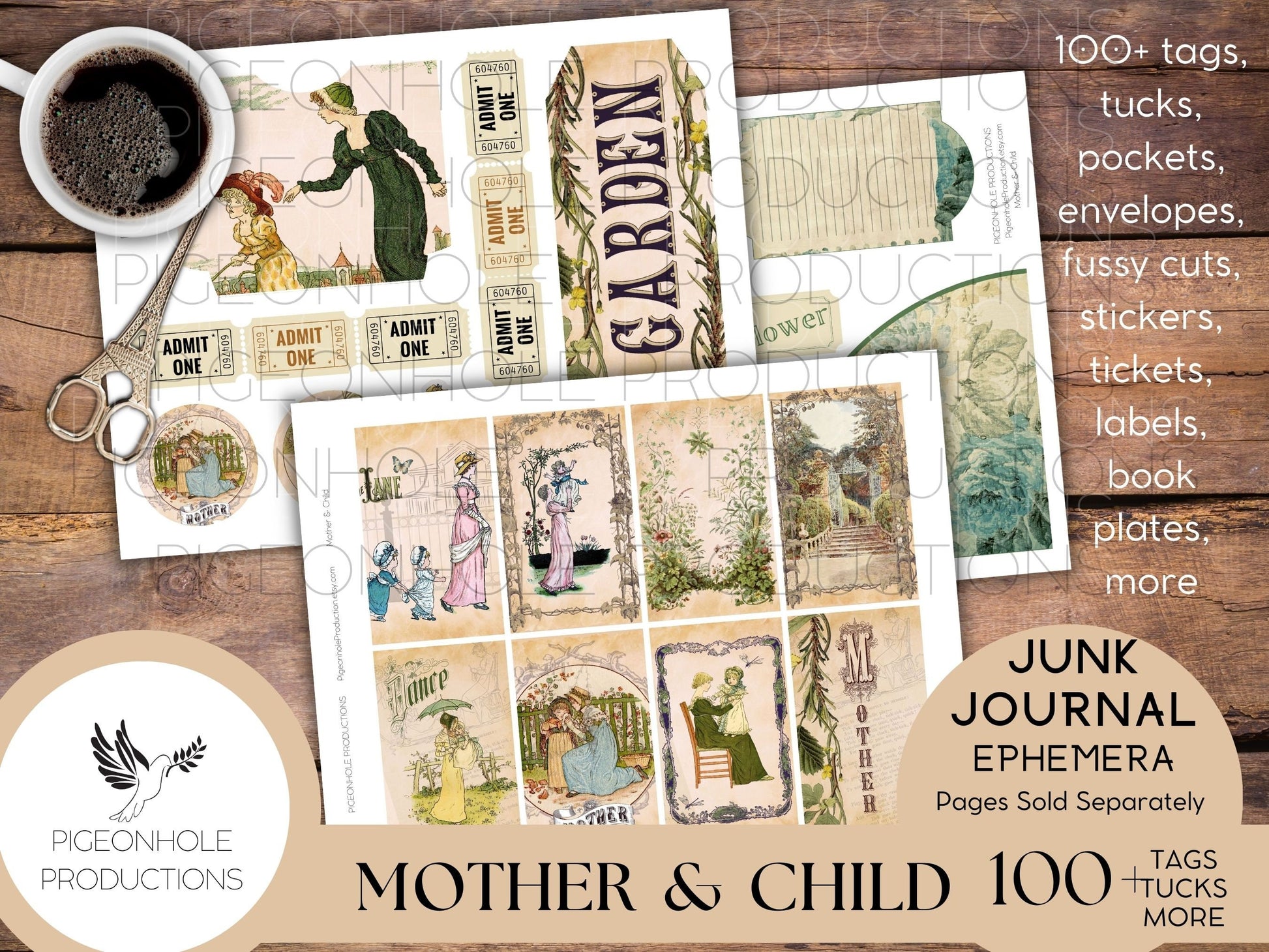 Mother & Child Junk Journal EPHEMERA, PRINTABLE, 70+ tags, tucks, pockets, envelopes, fussy cuts, stickers, tickets, labels, bookplates