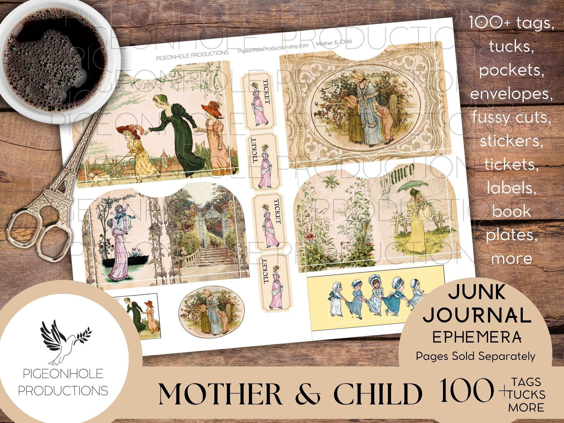 Mother & Child Junk Journal EPHEMERA, PRINTABLE, 70+ tags, tucks, pockets, envelopes, fussy cuts, stickers, tickets, labels, bookplates